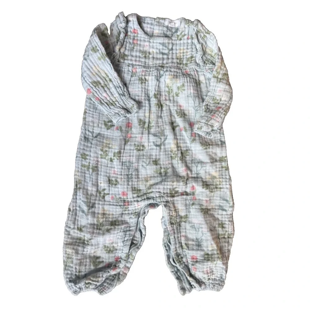 Angel Dear Soft 100% Cotton Button-Up Light Blue Floral Baby Romper Sz 12-18 Mos
